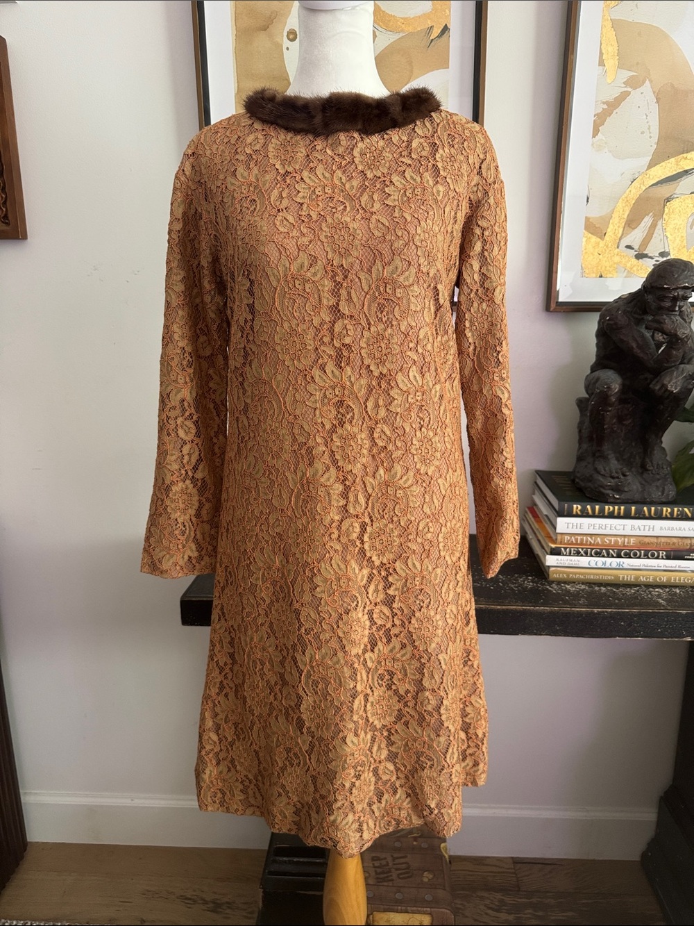 1960 3/4 sleeve brown lace shift mini dress mink fur brown fur collar